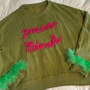 NWOT Green Sweater with Pink Text and Green Faux Fur Accents Christmas Grinch